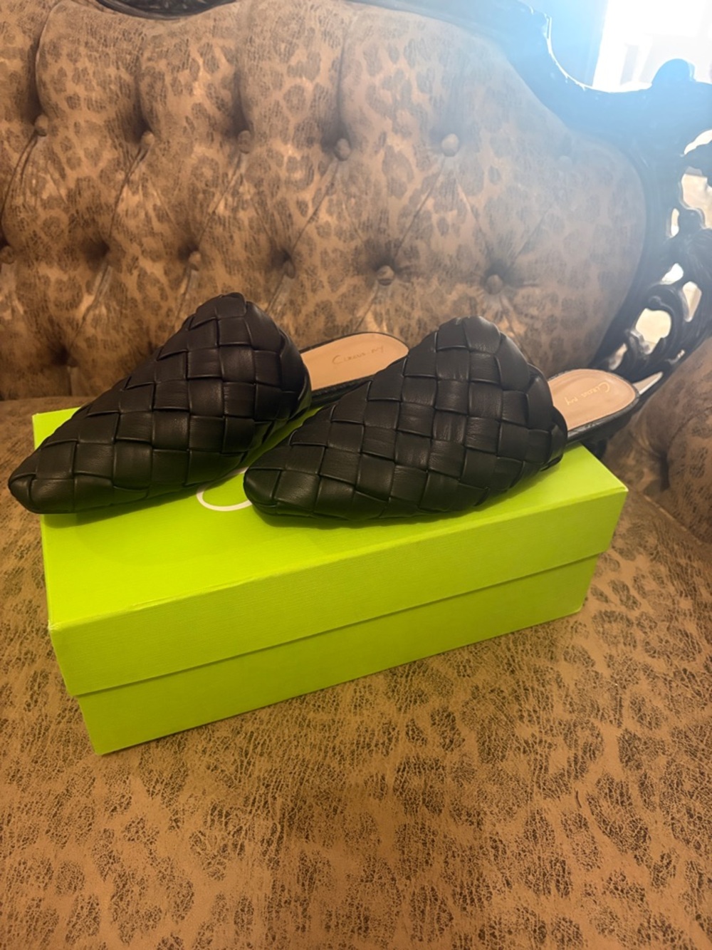 Woven Leather Slip-On Mules - Black